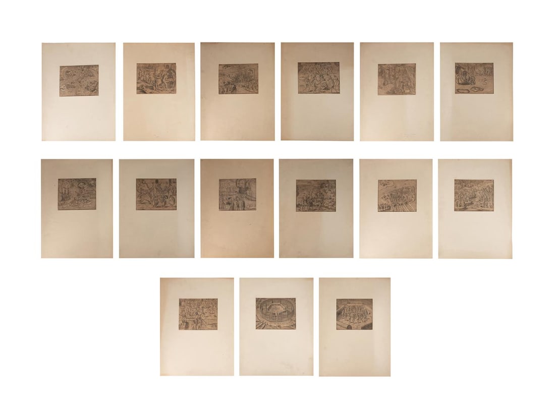 15PCS T. DE BRY WOODCUTS OF CANNIBALS IN BRAZIL: From the book "Newe Welt und Americansche Historian." 15 graphic woodcuts showing the capture of Hans Stadens (1525-1576) and the cannibalism he claims to have witnessed in Brazil. Woodcuts removed fr