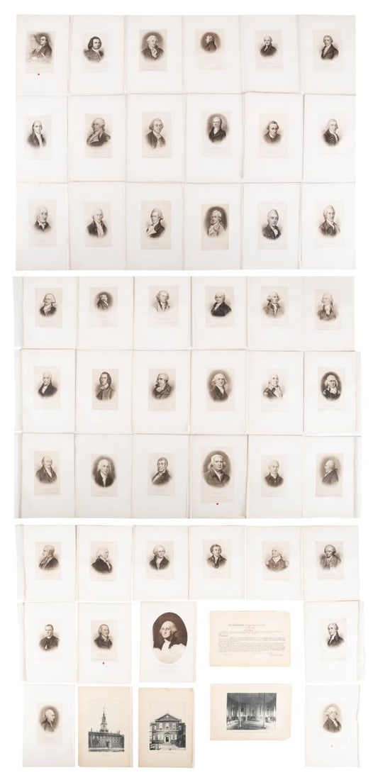 US CONSTITUTION, ENGRAVED PORTRAITS OF SIGNERS: 47 Engraved pictures of all of the signers of the US Constitution with some extra pictures, many Engraved by Max Rosenthal (1833-1918), done circa 1860s-1870s. Nice lot for those wanting to put an eng