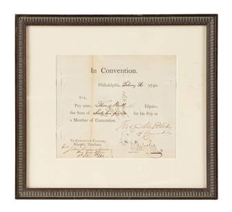 PENNSYLVANIA CONVENTION, SIGNED PAY DOCUMENT, 1790: Here is a fully endorsed pay document for Thomas Ball who was a delegate from Chester County, Pennsylvania, to the state of Pennsylvania constitutional convention held in Philadelphia. This document i