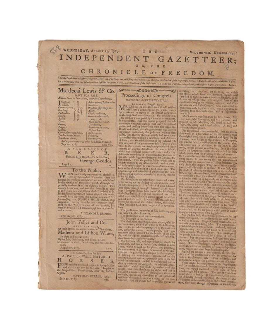 US CONSTITUTION, INDEPENDENT GAZETTEER, 1789 (1 of 5)
