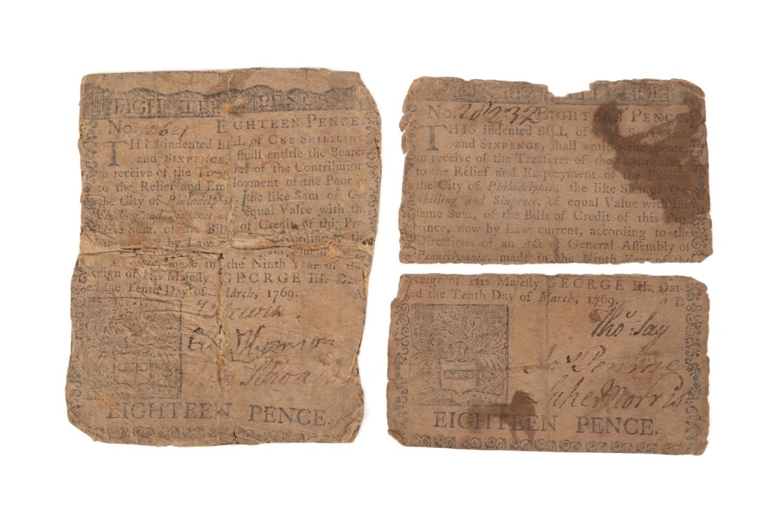 2PCS COLONIAL CURRENCY, 18 PENCE, 1769 (1 of 2)