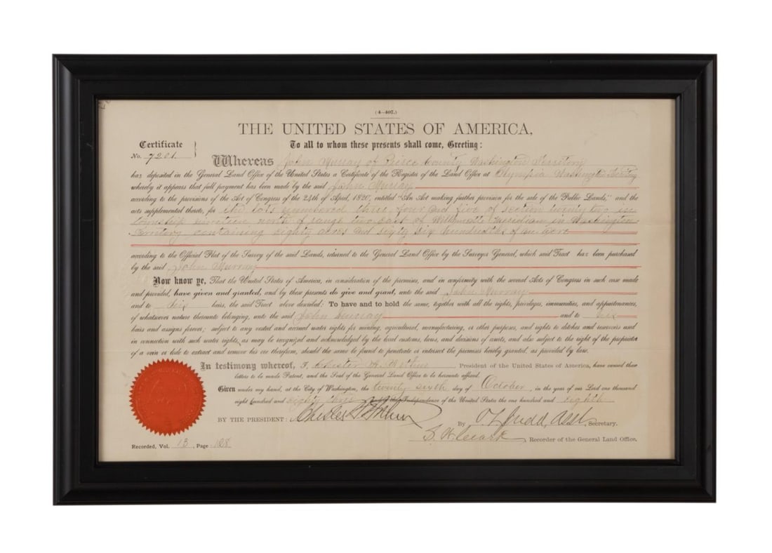 CHESTER A. ARTHUR SIGNED TERRITORIAL LAND GRANT (1 of 6)