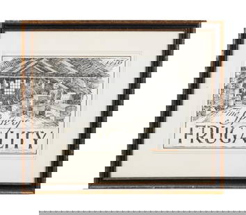 ERIC SLOANE, THE SPIRIT OF FRUGALITY, PEN AND INK: Nicely framed original art by Eric Sloane (American 1905-1985) "The Spirit of Frugality" blue and black pen, mostly black with some period liquid paper. Signed Eric Sloan in red ink.