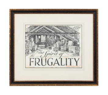 ERIC SLOANE, THE SPIRIT OF FRUGALITY, PEN AND INK: Nicely framed original art by Eric Sloane (American 1905-1985) "The Spirit of Frugality" blue and black pen, mostly black with some period liquid paper. Signed Eric Sloan in red ink.