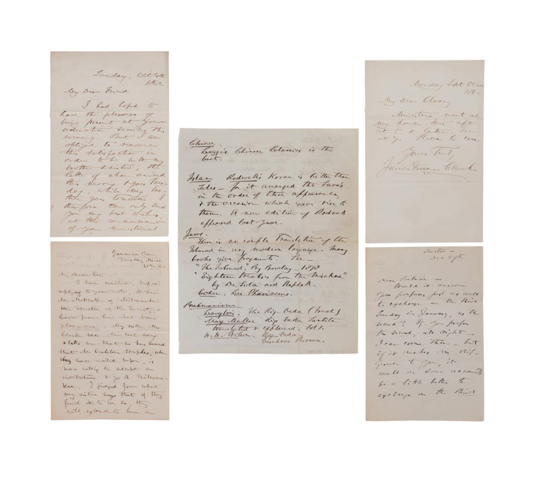 5PCS J FREEMAN CLARKE COLLECTION OF SIGNED LETTERS: James Freeman Clarke (1810-1888), 4 signed ALS letters and a separate insert also in his hand. All are dated have the year 1862 on them with all having both personal and religious tones and with one m