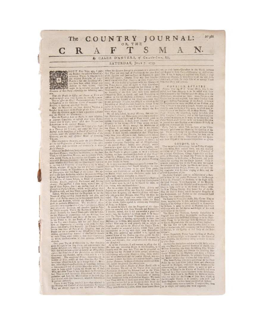 THE COUNTRY JOURNAL OR THE CRAFTSMAN, PRINTED 1733 (1 of 5)