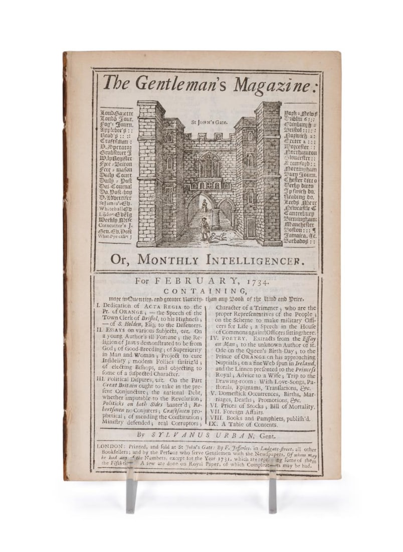 9VOL THE GENTLEMANS MAGAZINE, LONDON, 1734-1799: Nine issues of The Gentleman's Magazine. Select issues Feb. 1734, Oct. 1735, April 1736, Jan. 1743, June 1768, Aug. 1772, April 1779, and Jan. 1786, August 1799.
