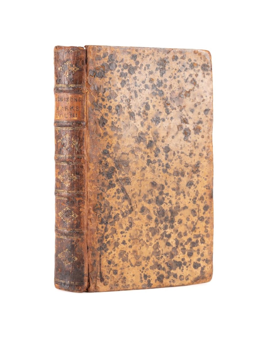 J. ADDISON, THE MISCELLANEOUS WORKS IN VERSE, 1746: The Miscellaneous Works in Verse and Prose of the Late Right Honourable Joseph Addison volume #3, London. The text is bound in mottled calf with raised bands and gilt titling/decoration. Pages 166-215