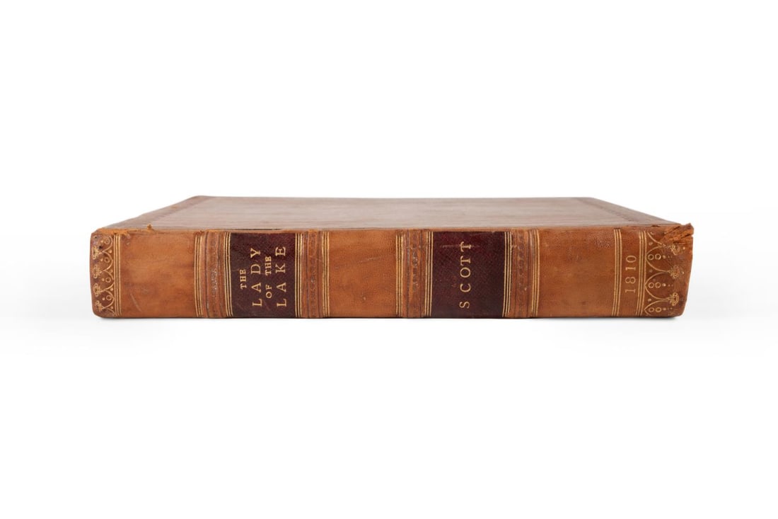WALTER SCOTT, LADY OF THE LAKE, FIRST EDITION 1810: The Lady of the Lake: A Poem by Walter Scott. Printed 1810 by John Ballantyne and Co., Edinburgh. First edition. Large finely bound first edition of Walter Scott's most memorable poem. Bound in tan le