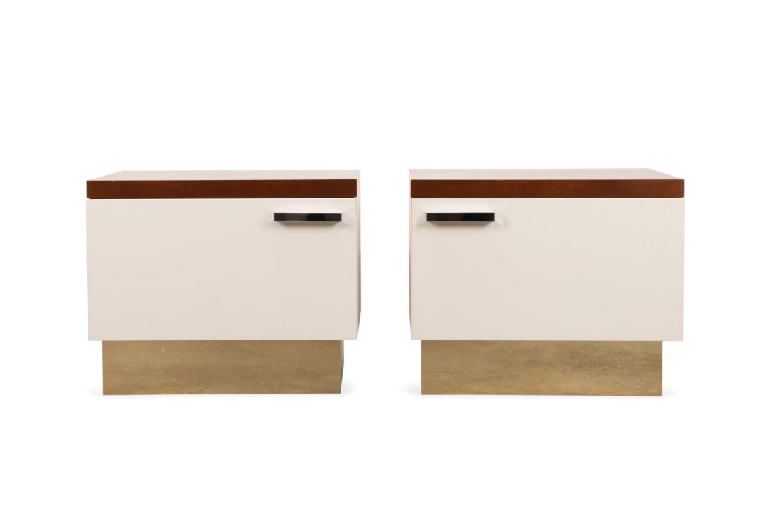 PR CAPPELLINI MODERN TEAK & WHITE SIDE CABINETS: Pair of Cappellini International Interior (Italian / Milan) wood veneered top and white single door cabinets, circa 2007, having a cherry finish to wood, aluminum pulls, and raised on a mirrored plint
