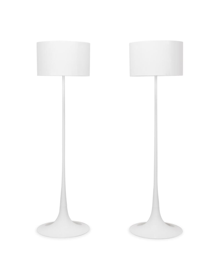 PAIR OF FLOS SPUN LIGHT-F FLOOR LAMPS IN WHITE: Pair of white FLOS Spun Floor Light-F Lamps designed by Sebastian Wrong (England 1971), main body is made of spun metal frame with a metal shade, marked on shade by FLOS. Approximate Dimensions: h. 70