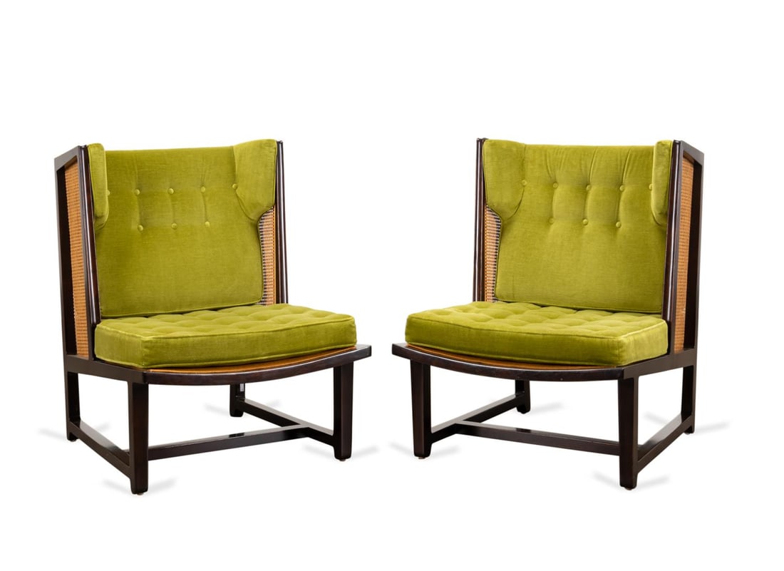 PR WORMLEY FOR DUNBAR WINGBACK CHAIRS, 6016: Pair of Edward Wormley for Dunbar mahogany wingback and cane lounge chairs, model 6016, mid 20th century, featuring tufted green velvet cushions, marked 'Dunbar' on decking fabric. Approximate Dimensi