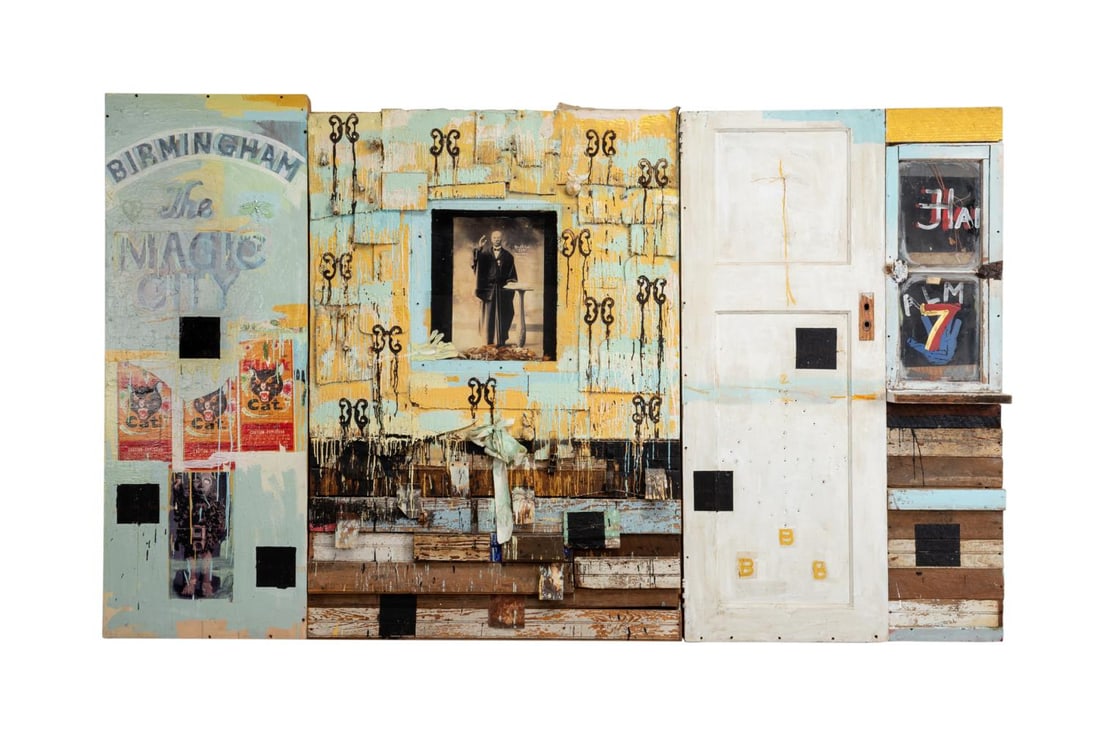 RADCLIFFE BAILEY, 'THE MAGIC CITY' - 1994: Radcliffe Bailey (American / Georgia, 1968-2023). "The Magic City" - 1994, Mixed media assemblage (door, carpet, beeswax, dried flowers, iron brands, collage, tar, photographs, acrylic on wood). An im