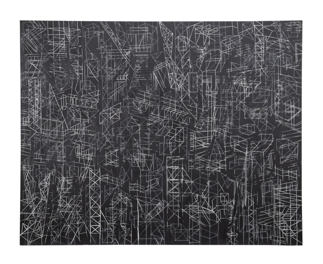 BRETT SMITH BLACK & WHITE ABSTRACT, MM ON PANEL: Brett Smith (South Africa / Georgia b. 1972), 'Marietta, 33.9710, -84.3974', 2017, oil and mixed media on panel depicting white intersecting lines on a black background, signed, titled, and dated en v