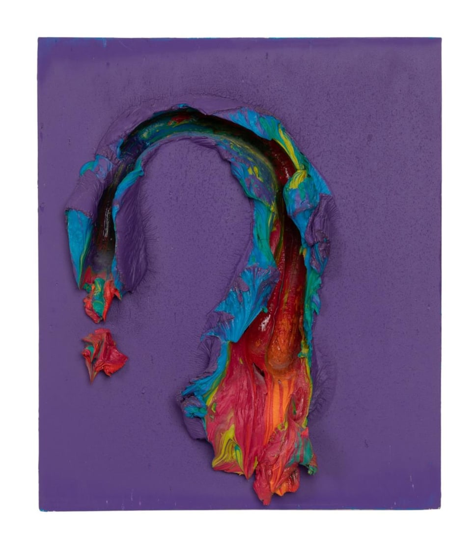 LESLIE WAYNE 'BREAKING & ENTERING' PURPLE IMPASTO: Leslie Wayne (American / New York b. 1953), 'Breaking & Entering: Mud Tango', 2000, heavy impasto oil on wood having a purple background and colorful scooped out paint, signed, titled, dated and Solom