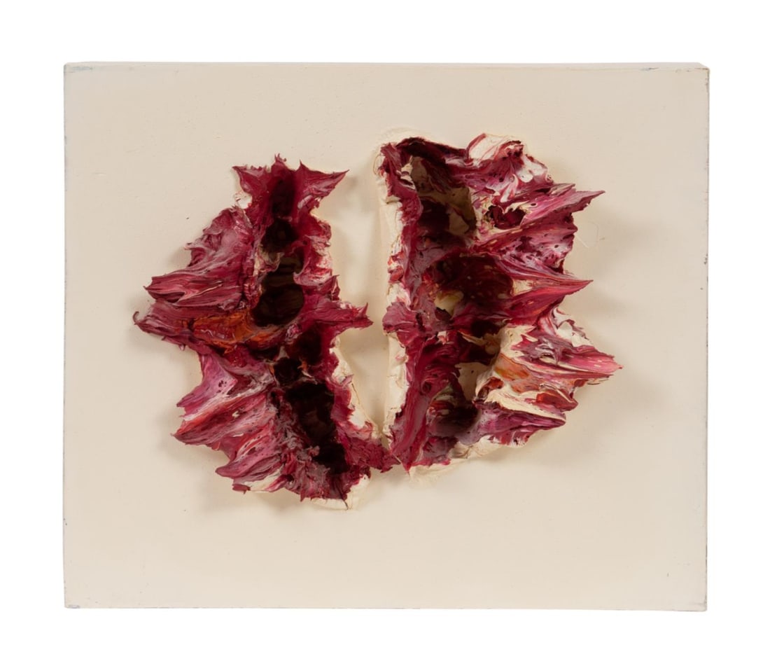 LESLIE WAYNE 'BREAKING & ENTERING' RED IMPASTO: Leslie Wayne (American / New York b. 1953), 'Breaking & Entering: Memories are Buried in the Body II', 2000, heavy impasto oil on wood having a purple background and colorful scooped out paint, signed