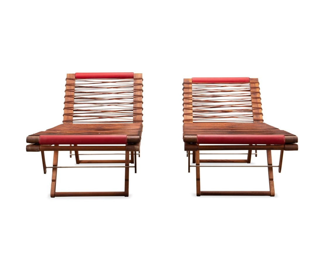 PAIR HERMES 'PIPPA' RECLINING LOUNGE CHAIRS: Pair of Rena Dumas (French 1937-2009), and Peter Coles (French 1955-1985), for Hermes 'Pippa' (designed 1983) reclining outdoor pear or maple adjustable lounge chairs, with cowhide or taurillon Clemen