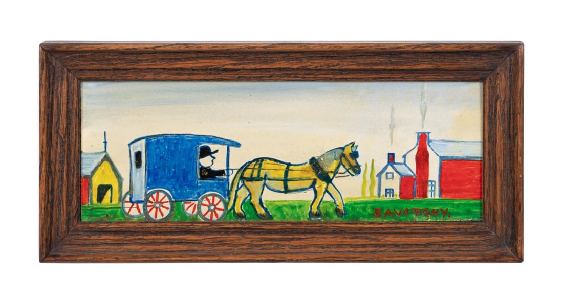 JOHN SAVITSKY, FOLK ART FARM SCENE, OIL ON BOARD (1 of 5)