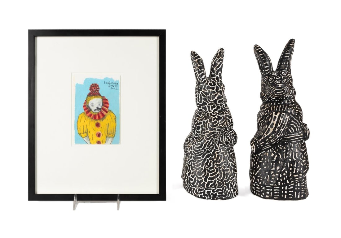 3PCS BENJAMIN JONES SCULPTURE & PASTEL FOLK ART: Benjamin Jones (American / Georgia b. 1954) 'Untitled - Clown' 2002, oil pastel and mixed media on paper, pencil signed and dated upper right, framed; two 'Rabbit' sculptures, paper mache depicting tw