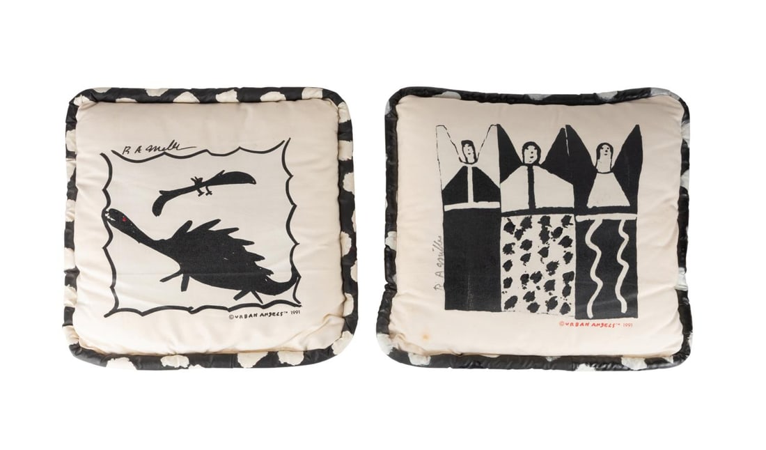 PAIR R.A. MILLER BLACK & WHITE PAINTED PILLOWS (1 of 4)