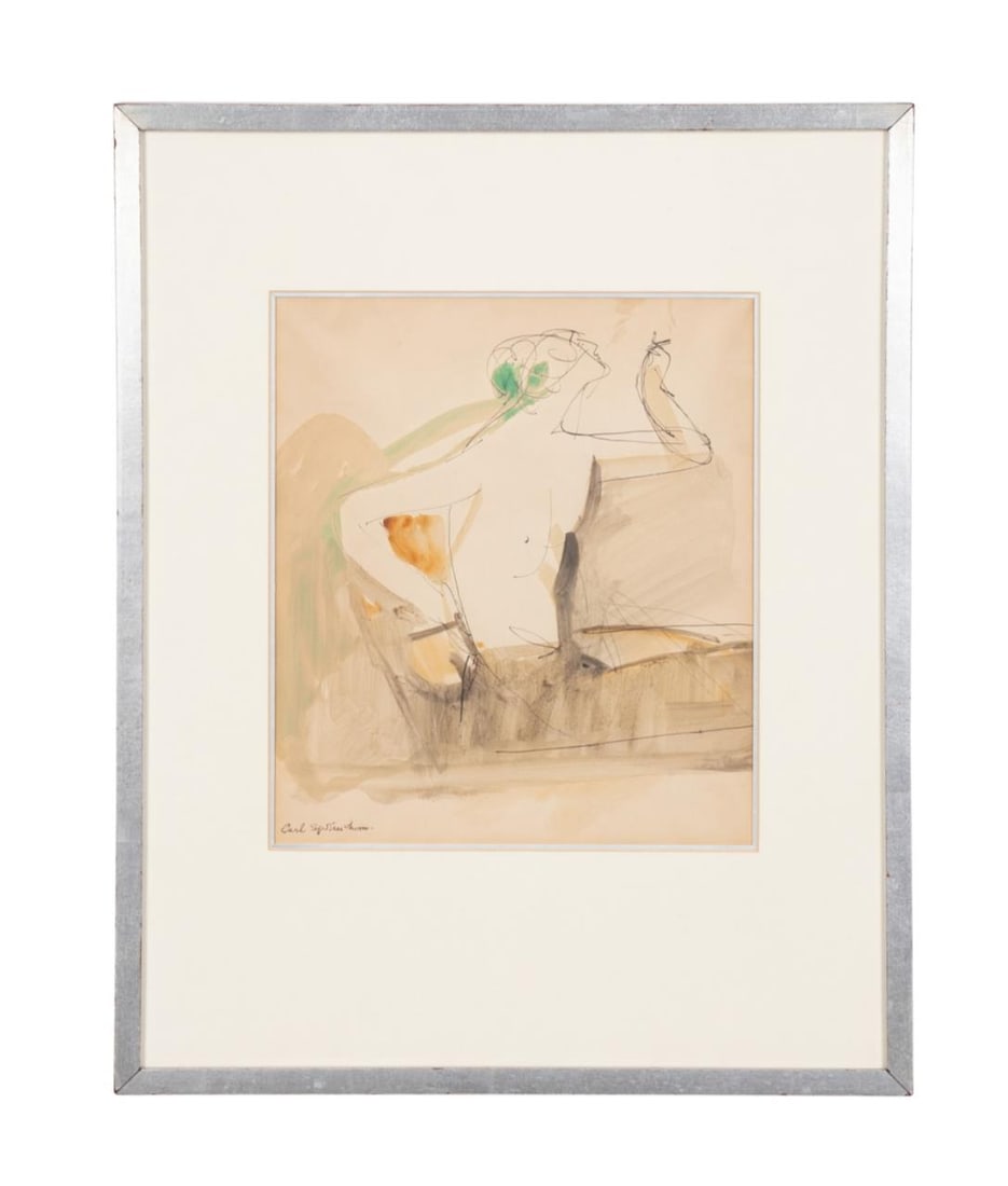 CARL SPRINCHORN 'UNTITLED' WC & INK ON PAPER: Carl Sprinchorn (Swedish/American 1887-1971), 'Untitled (Figure Smoking)', watercolor and ink on paper, depicting a seated nude figure smoking, signed to lower left, framed. Approximate Dimensions: si