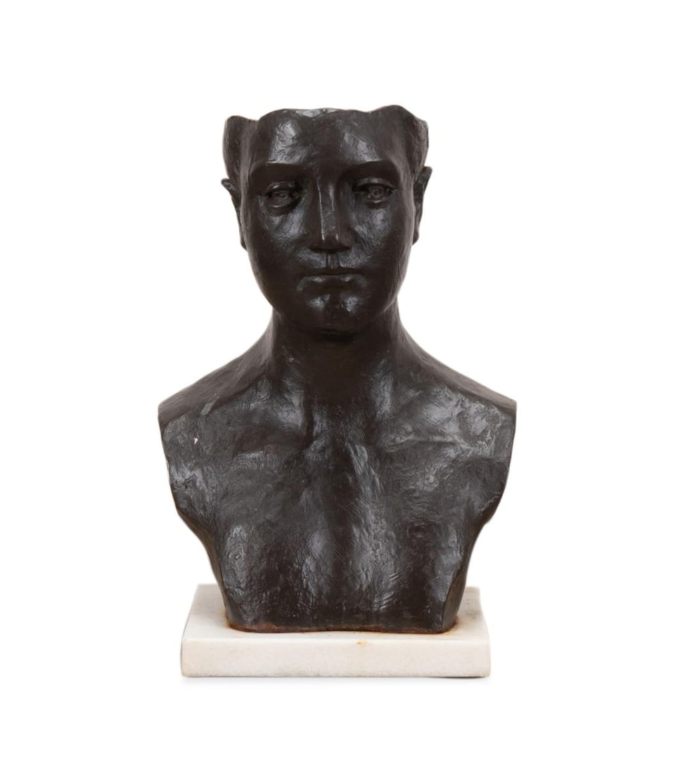 CAST IRON MALE BUST ON WHITE QUARTZ: Global Views (American), male bust, 21st century, cast iron sculpture on white quartz, apparently unmarked. Provenance: From The Estate of James A. Adams Jr., Atlanta, Georgia. Approximate Dimensions: