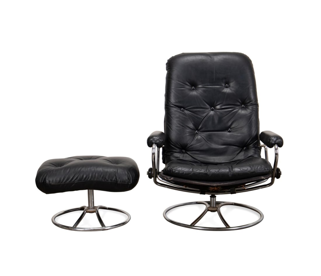"STRESSLESS' LEATHER & CHROME CHAIR & OTTOMAN (1 of 6)