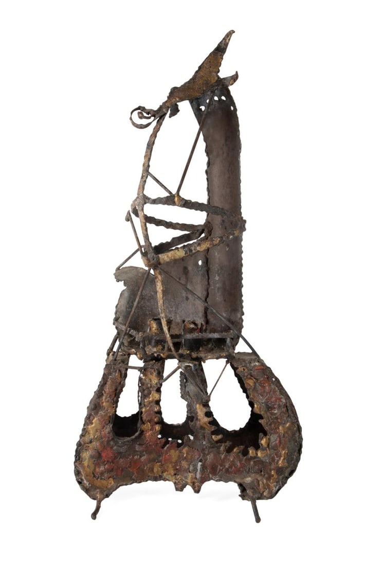 STEFFEN THOMAS BRUTALIST GALLEON CANDELABRUM: Steffen Thomas (German/American 1906-1990), Brutalist galleon candelabrum or lantern, 1965, wrought and welded metal with a gold patina, having two candle cups behind the sails, the whole resting on f