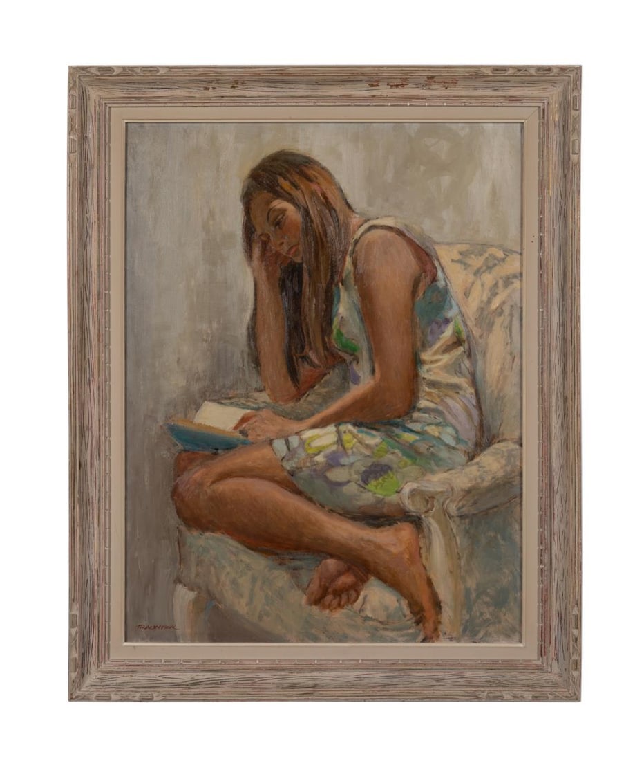 GEOFFREY TRAUNTER YOUNG WOMAN READING OIL/B: Geoffrey Traunter (Canadian b. 1901), 'Untitled (Young Woman Reading)', mid 20th century, oil on masonite, signed to lower left, framed. Approximate dimensions: board h. 29", w. 21.75"; frame h. 34.5"