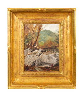 THOMAS WORTHINGTON WHITTREDGE OIL ON BOARD: Thomas Worthington Whittredge (American 1820-1910), 'Rocky Landscape', oil on board, depicting rocks in the foreground with trees and mountains in the background, signed to lower left, in a gilt frame