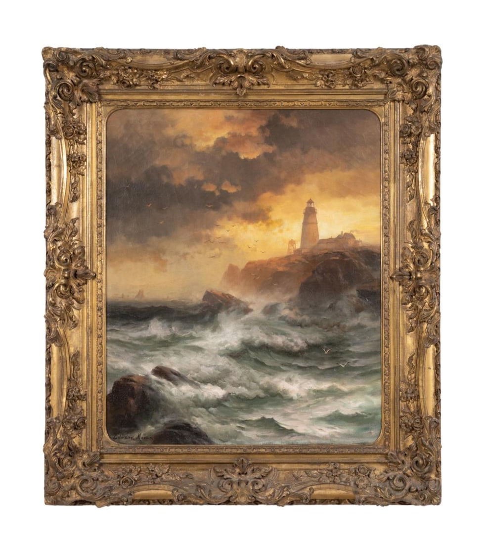 EDWARD MORAN 'CAPE ELIZABETH LIGHT' C. 1880 OIL/C (1 of 9)