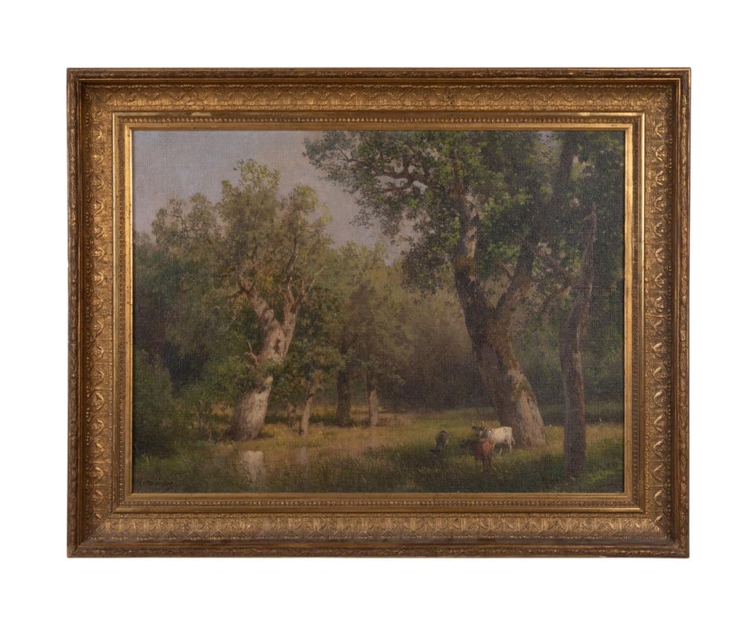 HERMANN HERZOG 'COWS IN TREES' OIL ON CANVAS: Hermann Herzog (American 1831-1932), 'Cows in Trees', oil on canvas, depicting cows grazing in a tree filled grove, signed to lower left, framed. Containing two auction tags on verso from Christie's s