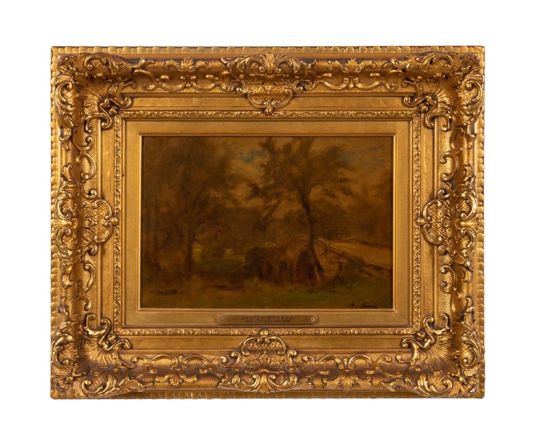 GEORGE INNESS 'LEEDS, CATSKILLS' 1865 OIL ON PANEL: George Inness (American 1825-1894), 'Leeds, Catskills', 1865, oil on panel, depicting a landscape, signed lower right and titled on verso, framed. Approximate dimensions: sight h. 8.625" w. 12.625" ov