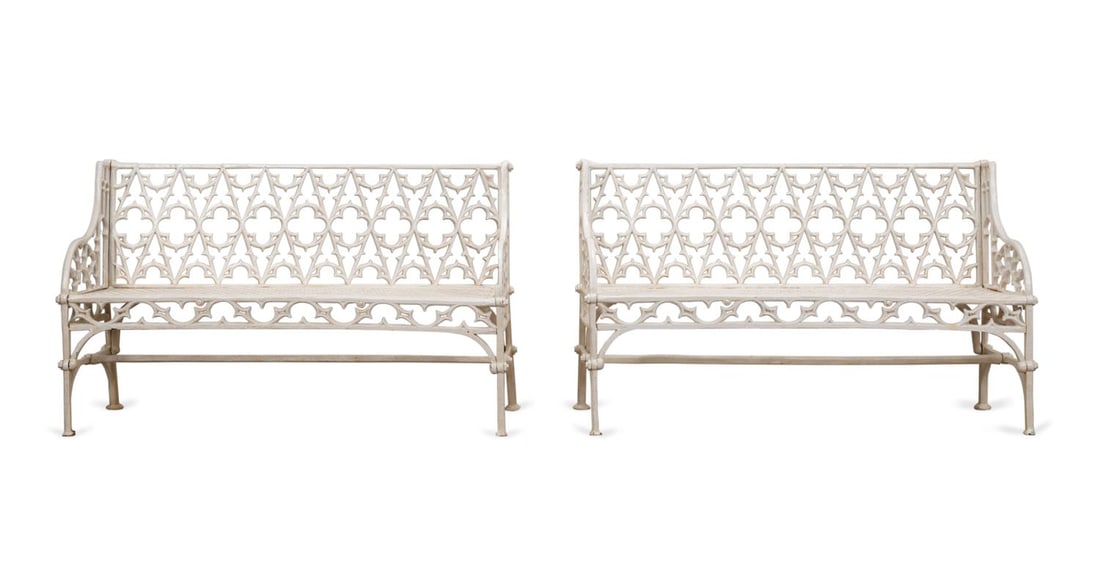 PAIR VAL D'OSNE STYLE GOTHIC REVIVAL IRON BENCHES (1 of 5)