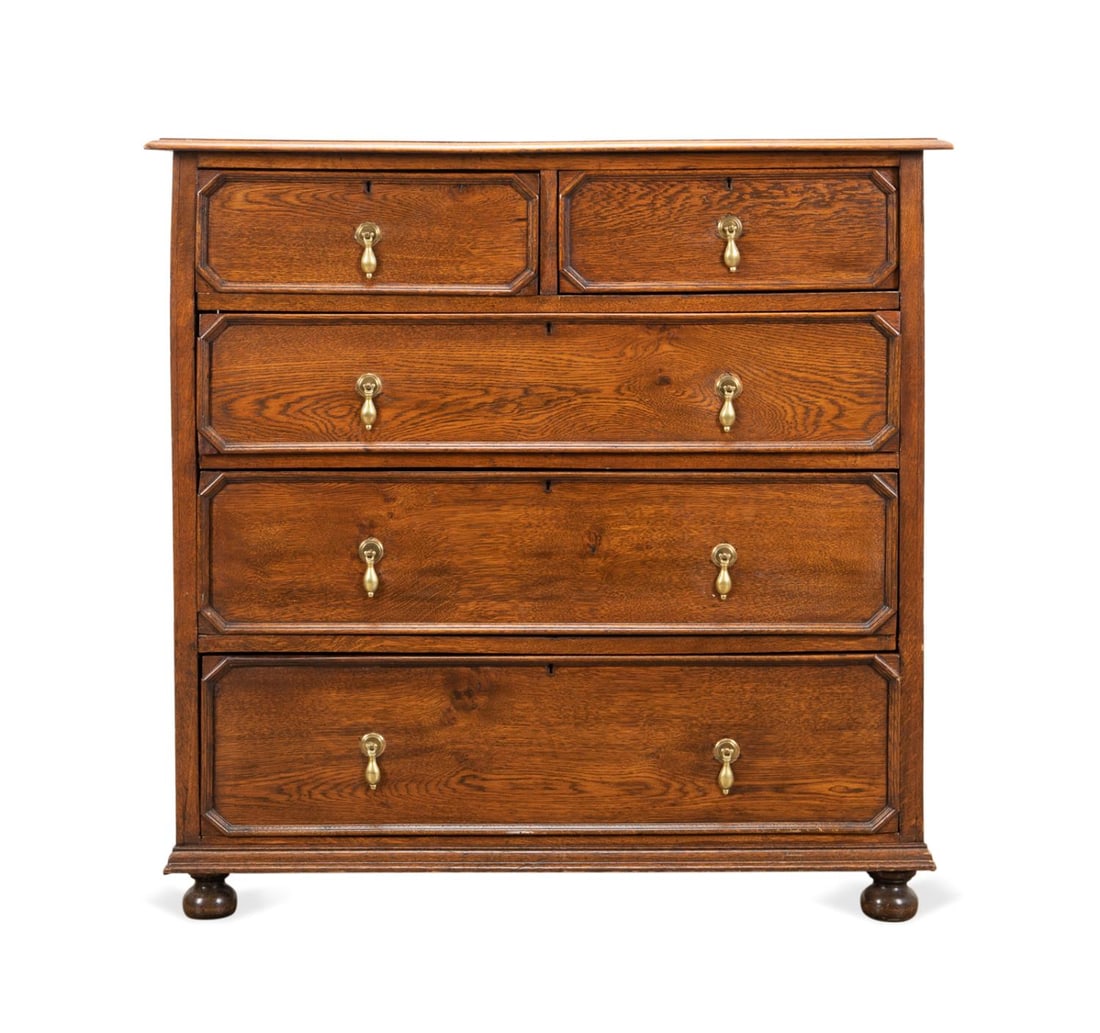 E. 20TH CENT. JACOBEAN STYLE OAK FIVE DRAWER CHEST (1 of 5)