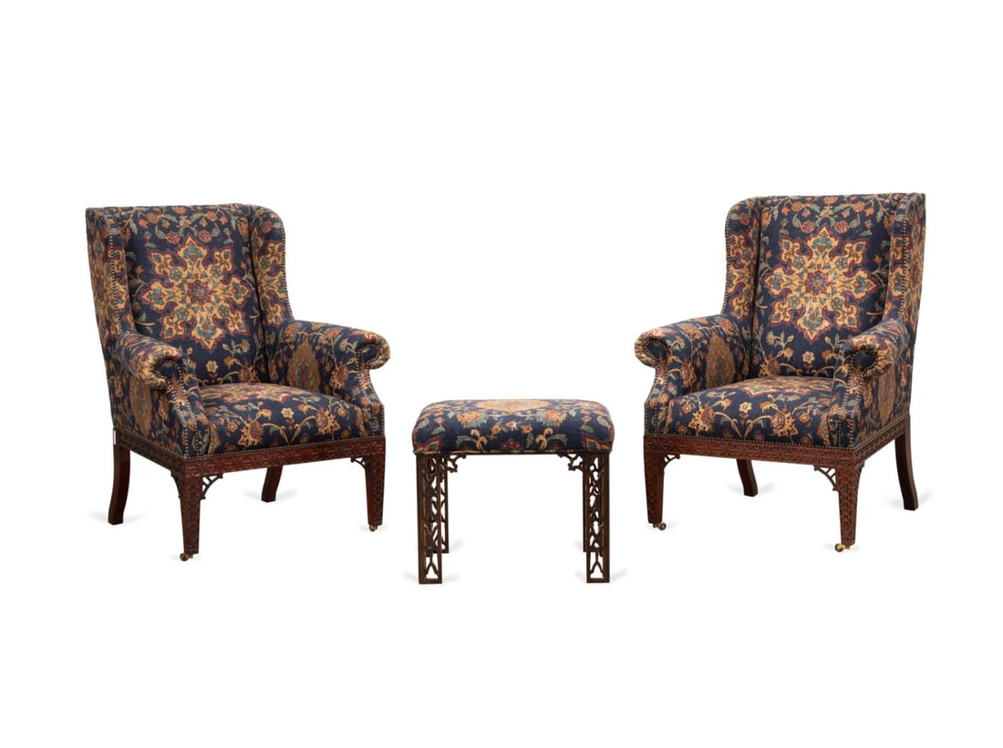 BAKER CHINESE CHIPPENDALE STYLE CHAIRS & OTTOMAN (1 of 7)