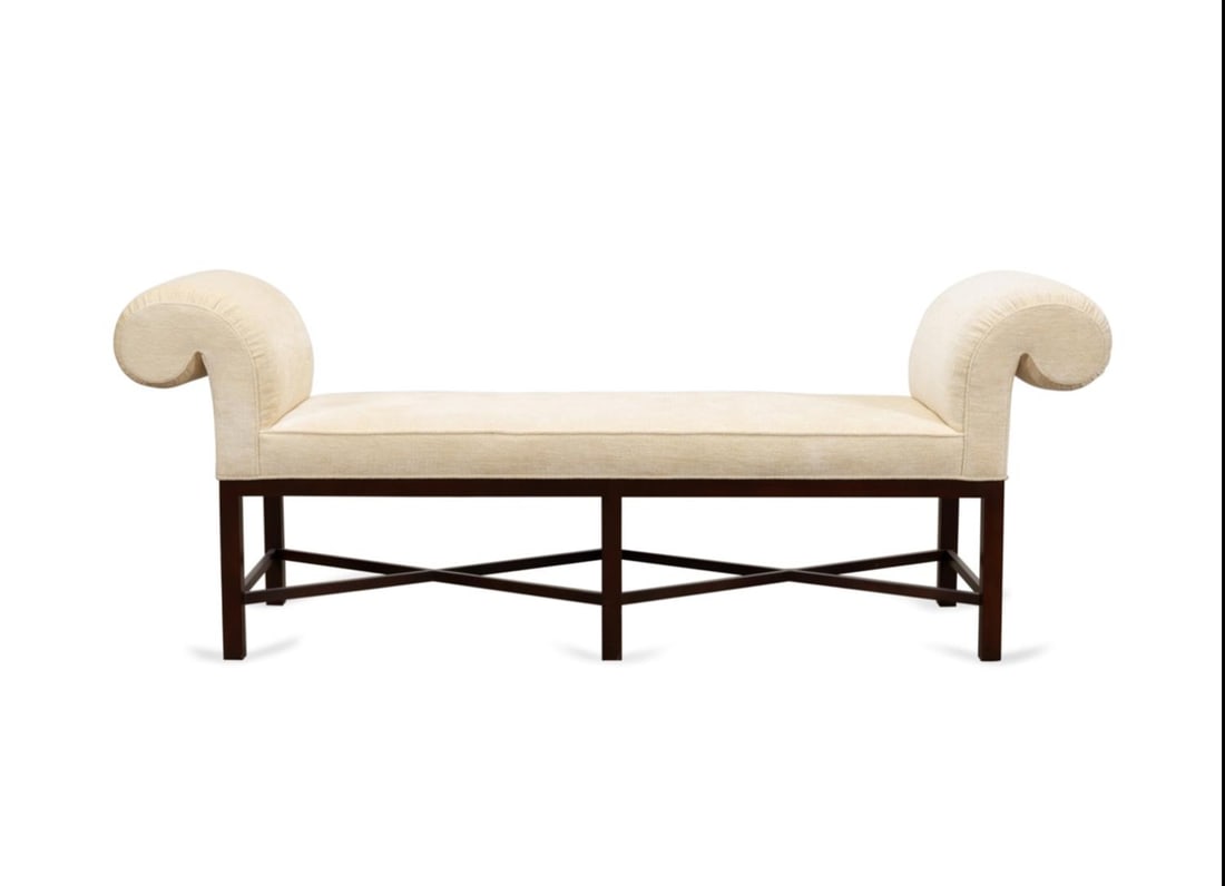 THOMAS PHEASANT BY BAKER SCROLL ARM WINDOW BENCH: Thomas Pheasant for Baker / McGuire (American) cream chenille upholstered scroll arm window bench, marked to underside. Provenance: From the Private Collection of the Dickey Family, Atlanta, Georgia.