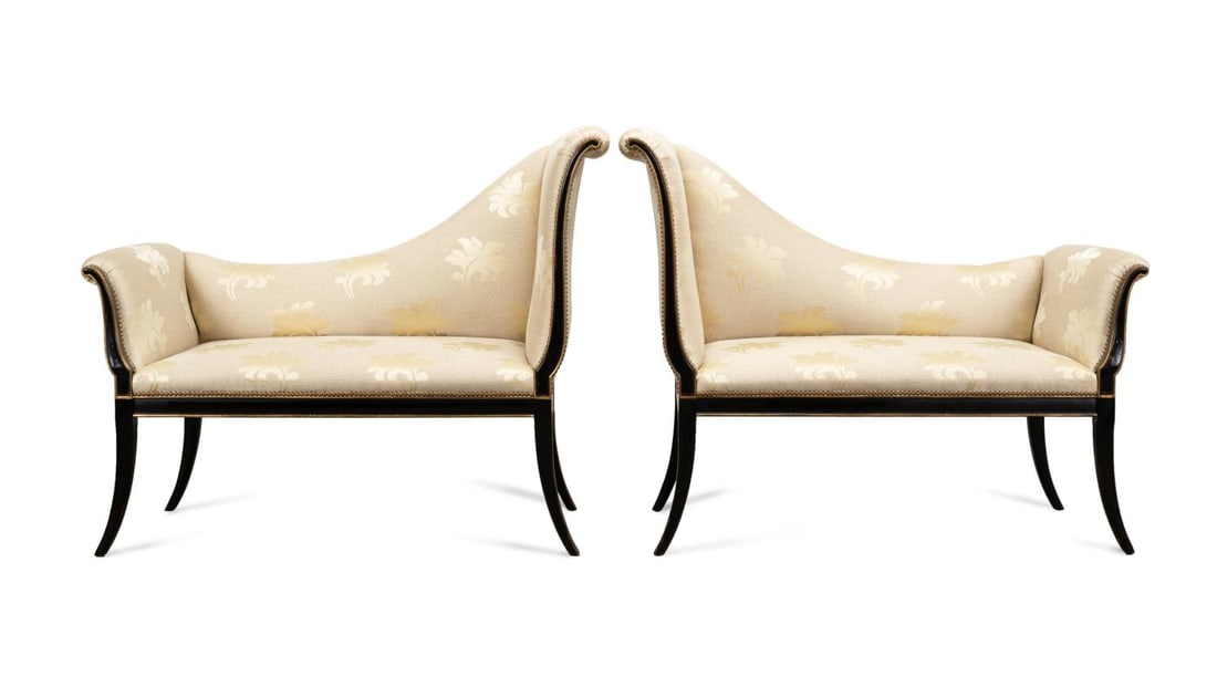 PAIR OF KARGES REGENCY STYLE RECAMIER SETTEE: Pair of Karges Furniture Co. (American) Regency style settees, featuring a cream Scalamandre upholstered body and a gilt and ebonized frame, marked to underside. Provenance: From the Private Collectio