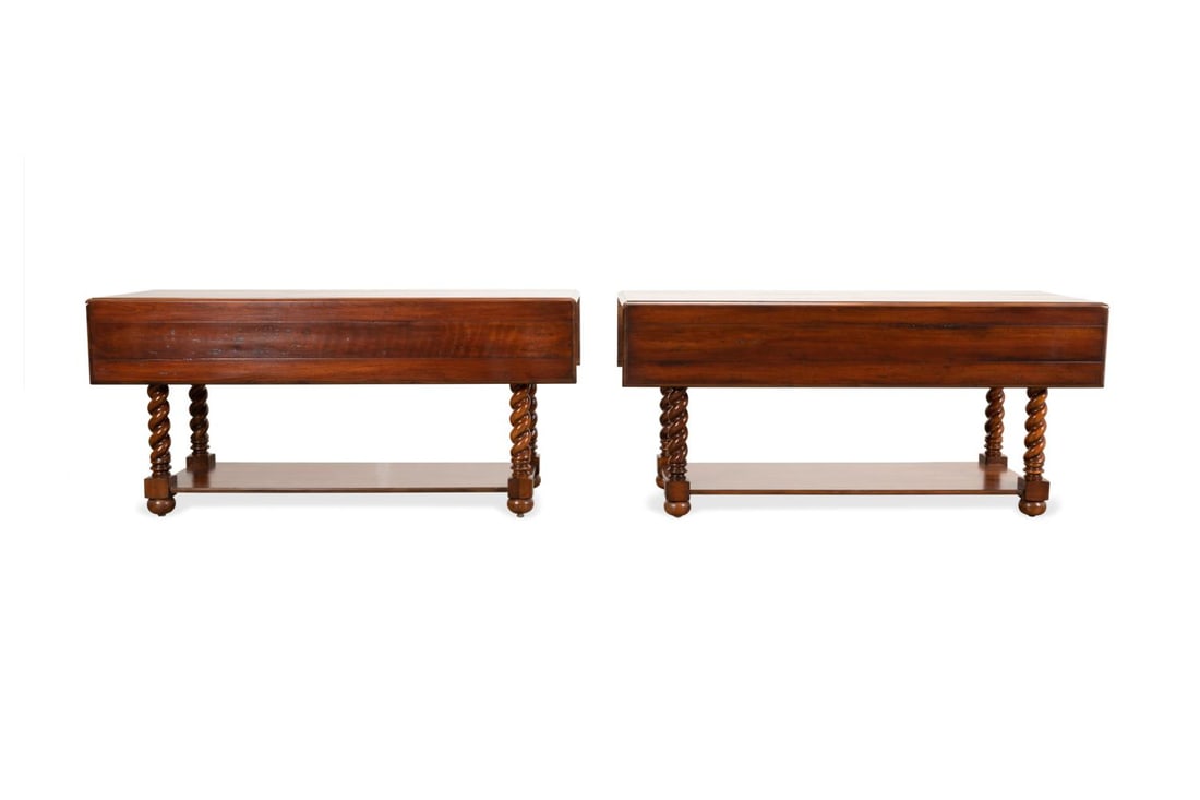 PR HOOKER BELADORA 'JACOBEAN TWIST' CONSOLE TABLES: Pair of Hooker Furniture (American 1925) Beladora collection 'Jacobean Twist' console tables, each having a dark stained finish with cherry veneers and hardwood solids, double drop leaves, barely twis