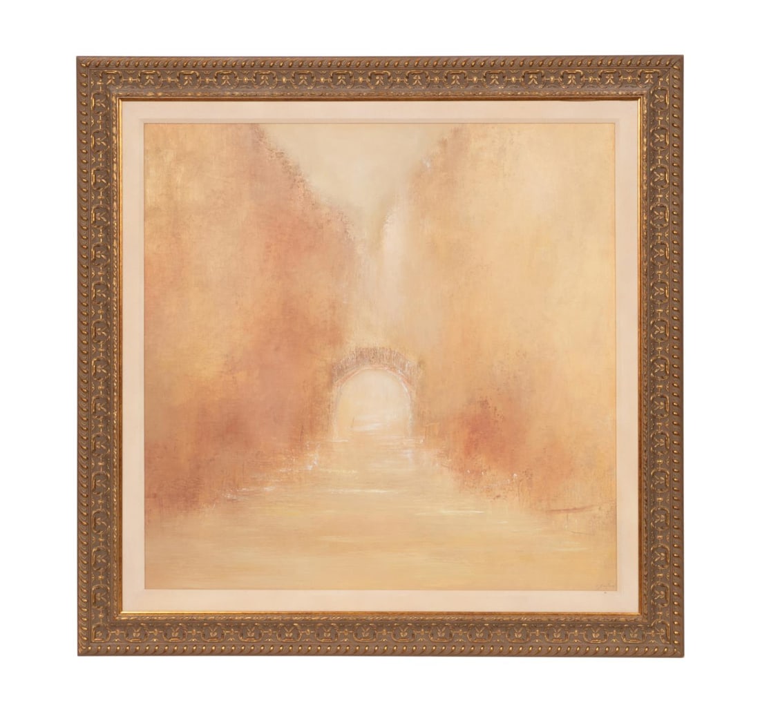 PASCAL BOUTERIN, ABSTRACT OF BRIDGE, LARGE O/B: Pascal Bouterin (French b. 1977) 'Harmonie Rouge sur le Pont', oil on board depicting a romantic view of a bridge, signed to lower right, framed. Provenance: From the Private Collection of the Dickey 