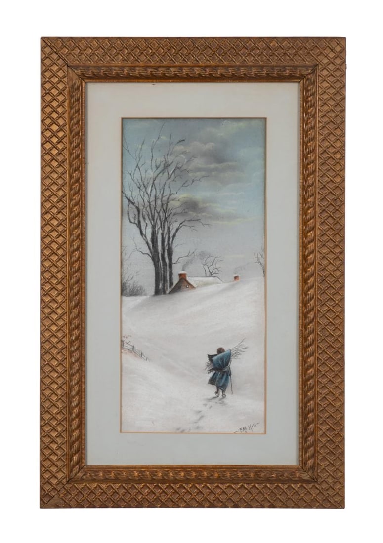 AMERICAN SCHOOL PASTEL FIGURAL SNOW SCENE (1 of 5)