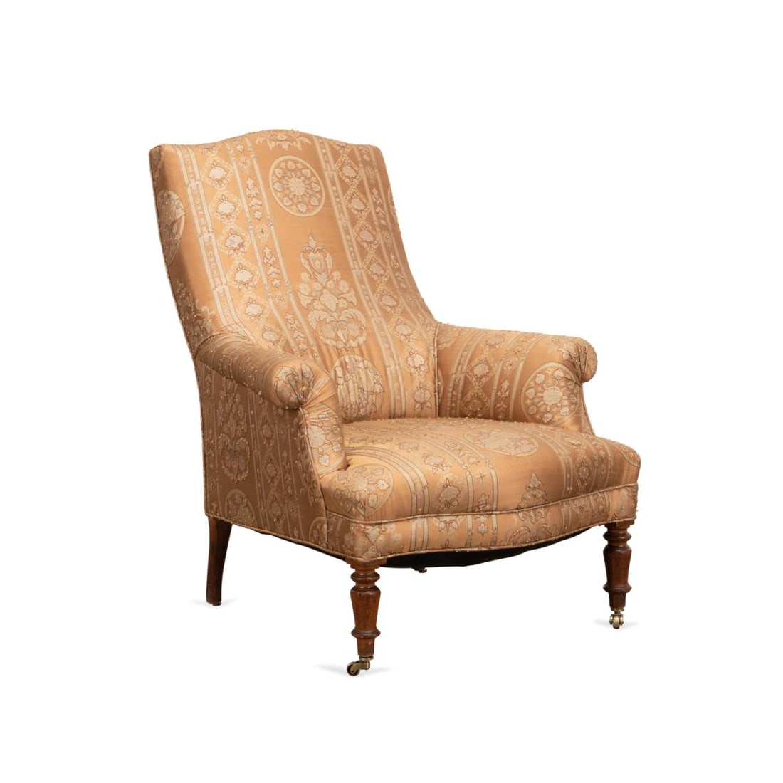 L. 19TH C. ENGLISH SILK UPHOLSTERED LOUNGE CHAIR (1 of 6)