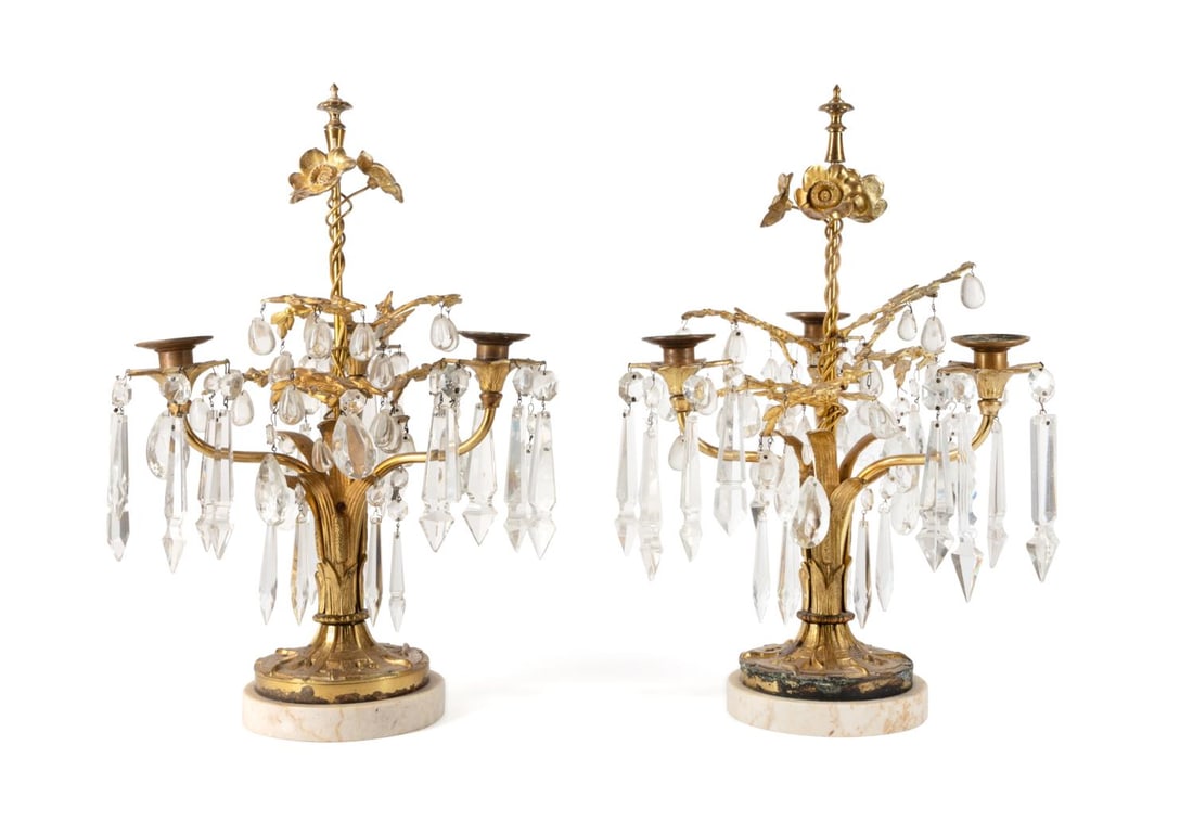PAIR OF FLORAL GILT THREE ARM CANDLE GIRANDOLES: Pair of floral gilt metal three-arm candle girandoles, mid 20th century, having a basket and wheat sheaf base issuing three scrolling arms with bobeche and candle cups, as well as a central standard t