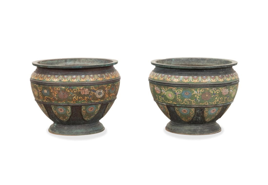 PAIR OF CHINESE CHAMPLEVE ENAMEL JARDINIERES (1 of 6)