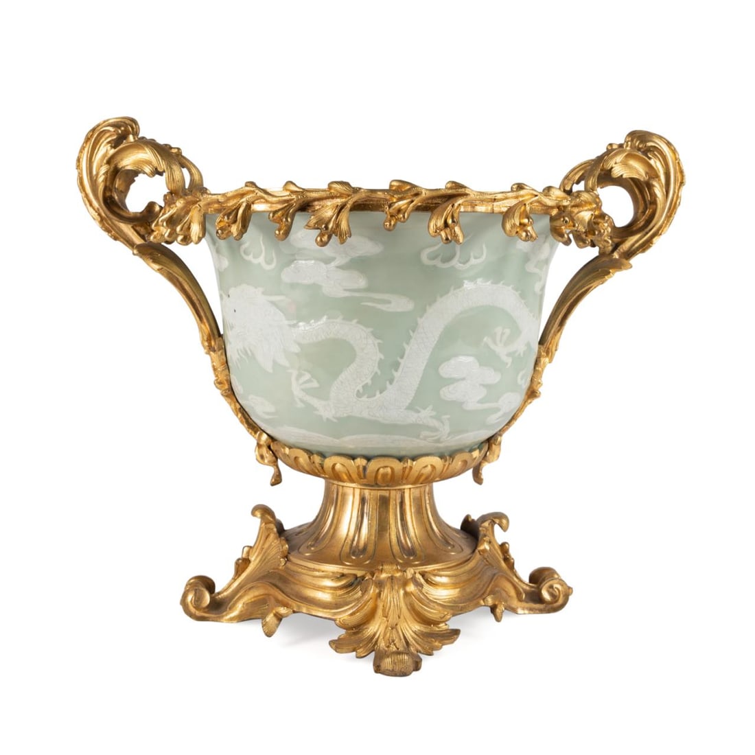 19TH C. CHINESE CELADON JARDINIERE, GILT BRONZE (1 of 8)