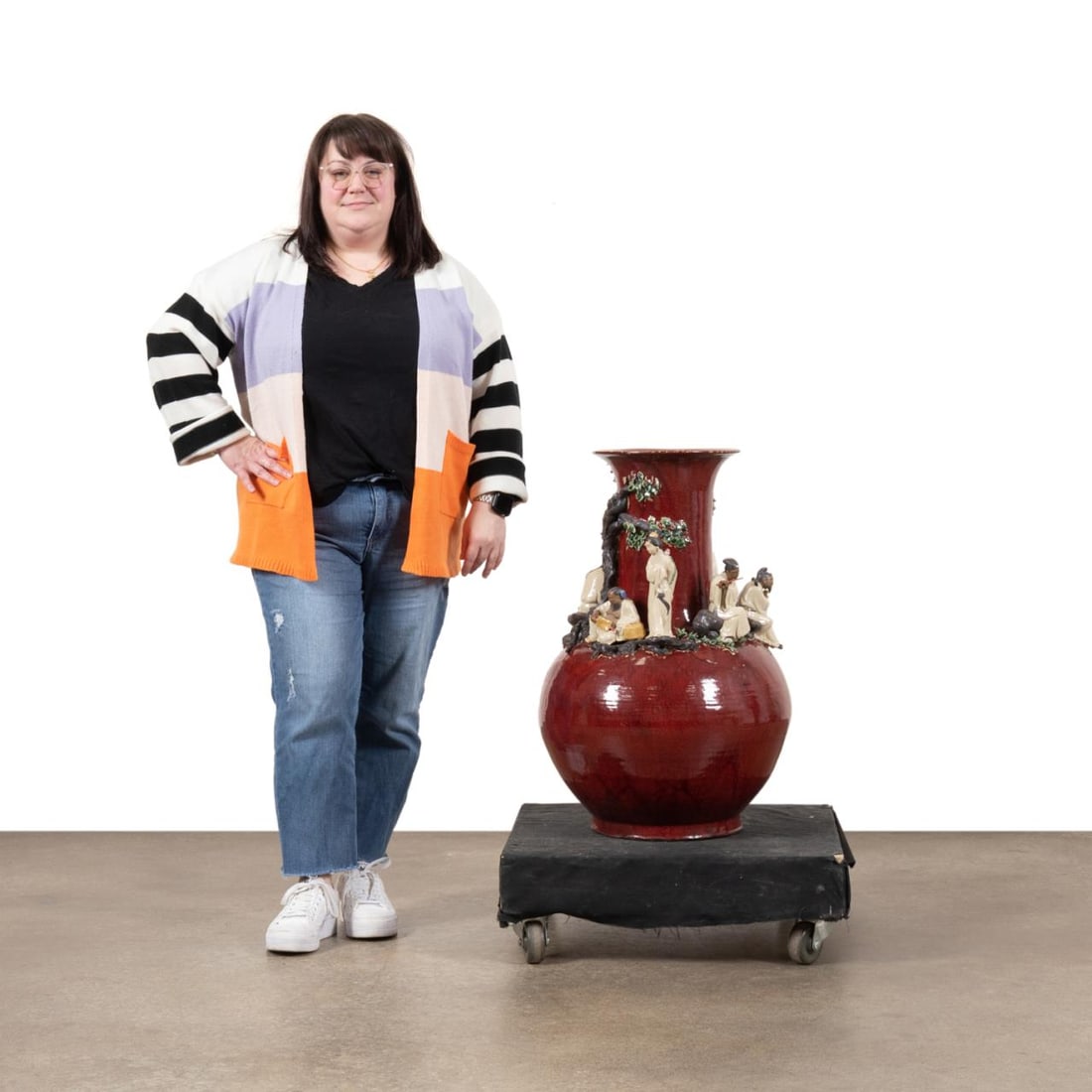 MONUMENTAL ASIAN FLAMBE BOTTLE VASE W/ 8 IMMORTALS (1 of 10)