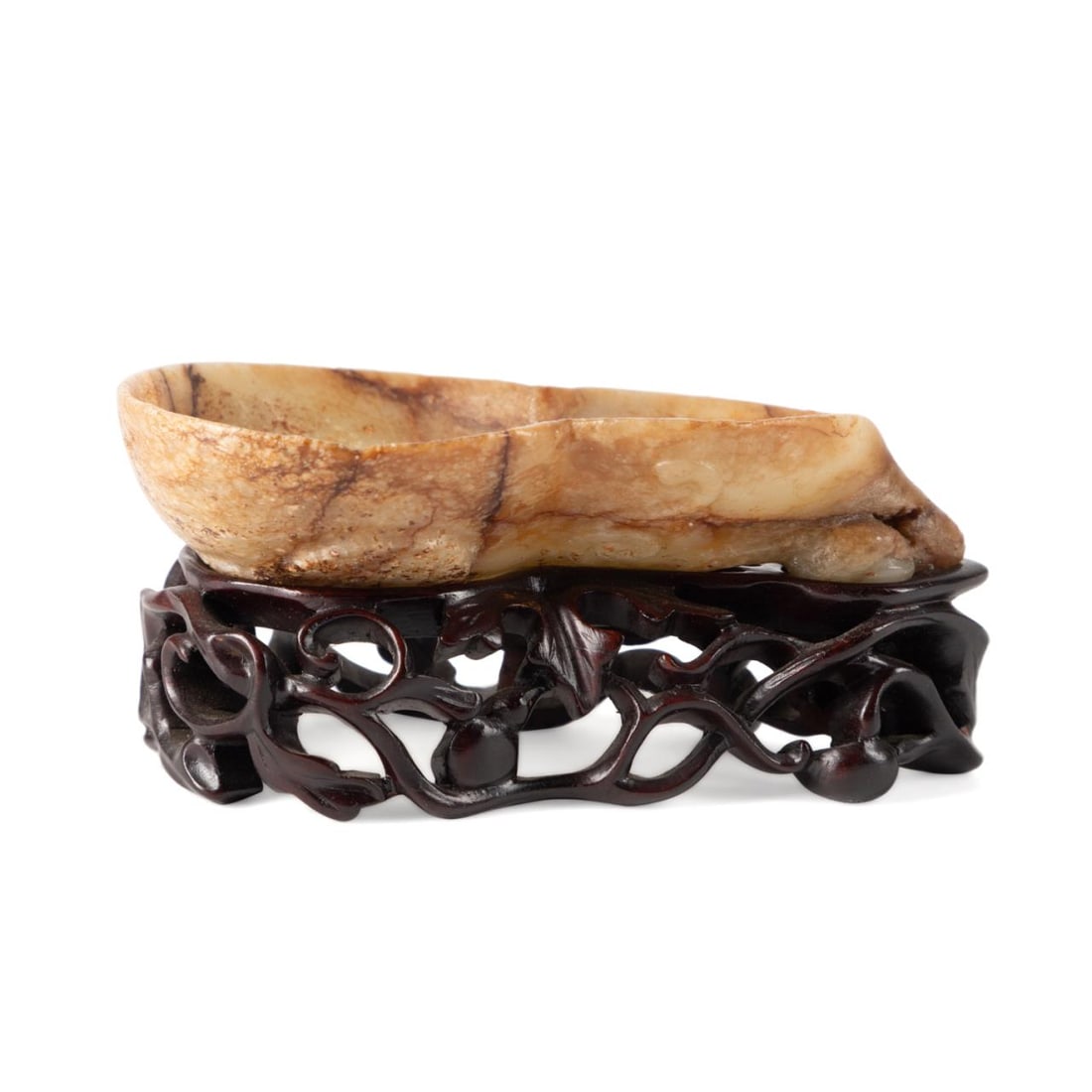 CHINESE JADE DOUBLE GOURD BRUSH WASHER W/STAND: Chinese jade double gourd brush washer, carved in mottled cream and russet jade with leaves and tendrils underneath, and resting on a custom carved wooden stand, apparently unsigned. Approximate dimen