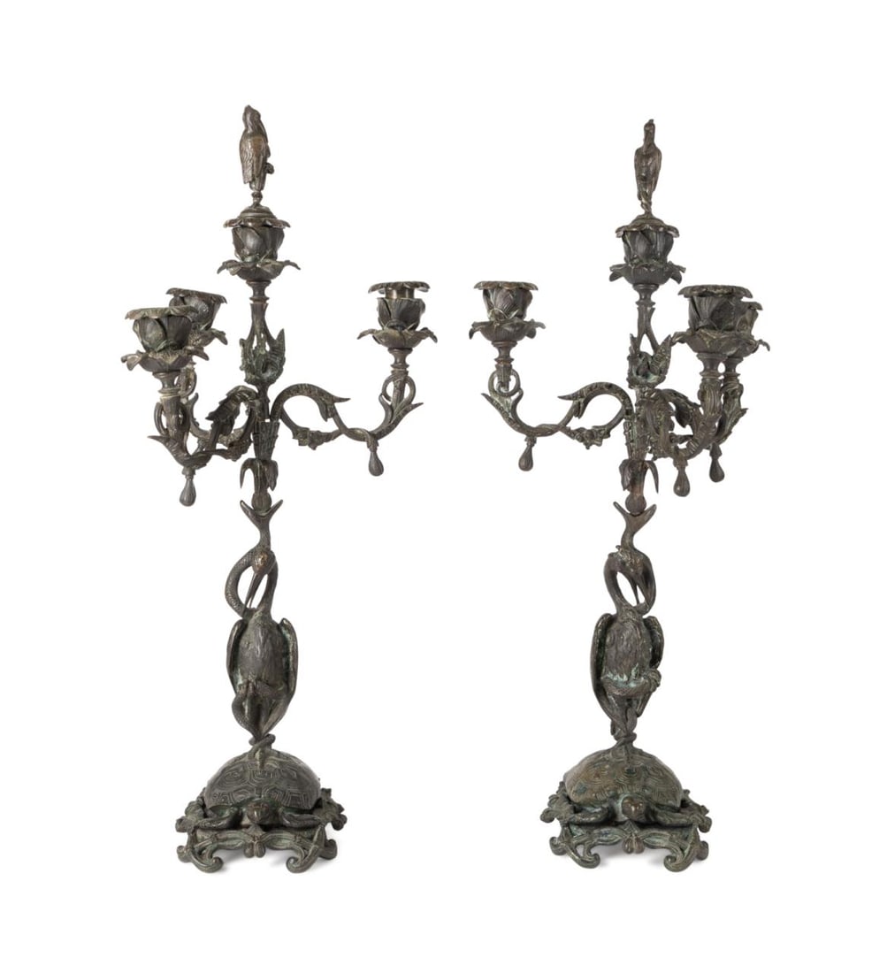 PAIR OF BRONZE TURTLE, CRANE & SNAKE CANDELABRA (1 of 8)