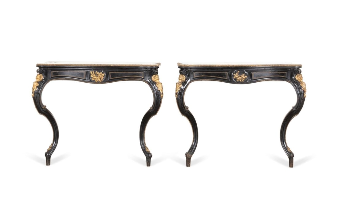 PAIR NAPOLEON III ORMOLU MOUNTED EBONIZED CONSOLES (1 of 6)