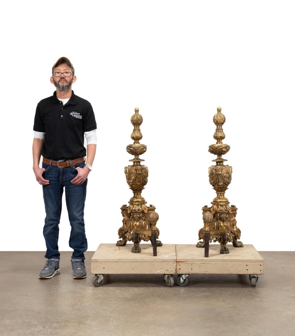 PAIR FRENCH NAPOLEON III BRASS CHENETS, L. 19TH C. (1 of 9)